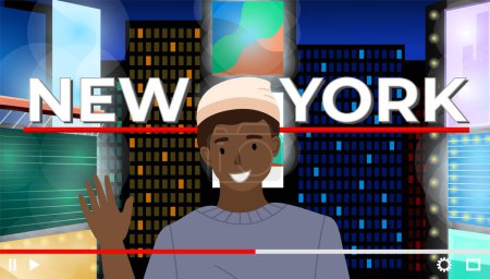 Illustration for Screensaver interface, video player man traveler records a reportage about the city of New York. A guy travels through America. Person on the background of cityscape with glowing skyscrapers at night - Royalty Free Image