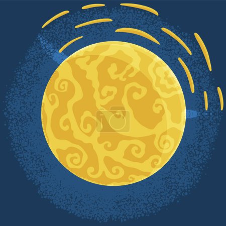 Téléchargez les illustrations : Cartoon fantastique planète jaune sur fond d'espace bleu foncé. Objet cosmique élément astronomique du système solaire. Élément spatial Vénus objet vectoriel forme ronde. Corps céleste en orbite autour d'une étoile - en licence libre de droit