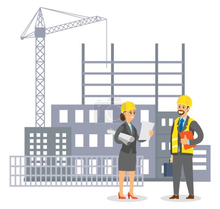 Woman in uniform engineer in helmet talking to man foreman on building construction background flat vector illustration. Modern architect girl in the male profession communicates with the builder