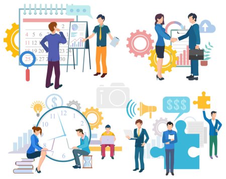 Illustration for Business partnership, deadline teamwork, man and woman collaboration. Brainstorming innovation, growth graph, time management, researching vector - Royalty Free Image