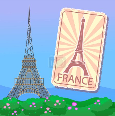 Illustration for Eiffel Tower in Paris. Emblem or magnet of France. Historic building, bed with flowers around. Poster of traditional place of France. Vector illustration of worldknown tower. Using at websites - Royalty Free Image