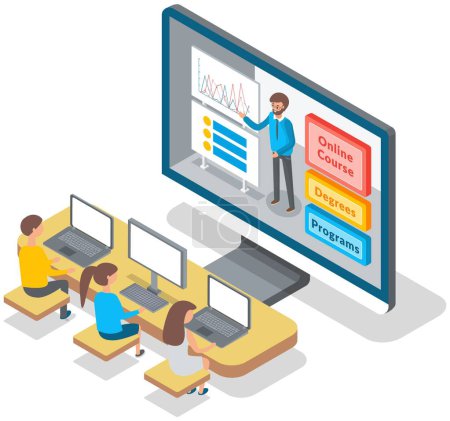 Illustration for University lecture with instructor and students. Man teacher conducts a lecture remotely online use charts and teaching statistical analysis. Business trainer explaining presentation on laptop screen - Royalty Free Image