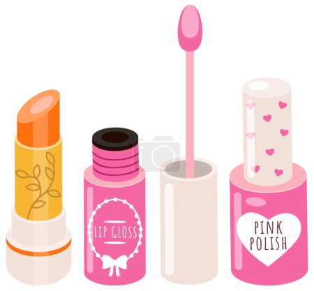 Illustration for Decorative cosmetics lipstick and nail polish set of items, accessories for women s makeup and beauty. Pink lip gloss tube with a sponge brush. Lip care cosmetic accessory. Nail polish beauty hands - Royalty Free Image