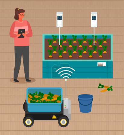 Illustration for Urban farming, gardening or agriculture. A woman planted out the sprouts to the wooden package bed. Growing vegetables using modern technology and automated equipment, use of wooden greenhouses - Royalty Free Image