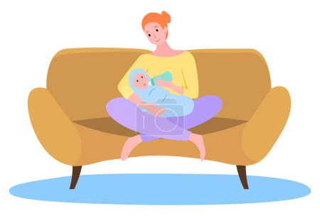 Ilustración de Mamá sostiene en sus brazos a un bebé pequeño, alimentándolo con un biberón. Un recién nacido envuelto en un tierno abrazo de madre. Feliz joven con un bebé está sentado en el sofá sobre fondo blanco - Imagen libre de derechos