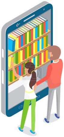Téléchargez les illustrations : Les personnes choisissent des livres dans la bibliothèque en ligne ou la librairie, l'homme et la femme se tiennent près des étagères avec la pile de livres multicolores sur l'écran du smartphone. L'éducation traditionnelle, les gens que les étudiants aiment lire - en licence libre de droit