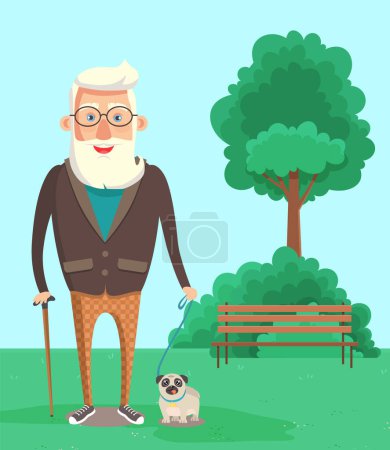 Illustration for A person with a dog is walking on the street. Elderly man with pug spends time outdoors in the park. Gray-haired male character with a cane in his hands with the animal on a leash in open area - Royalty Free Image
