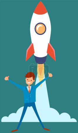 Illustration for Career development with happy businessman ready flying high on space ship. Startup and successful innovation business launch concept. Male character stands near rocket happily raised his hands up - Royalty Free Image