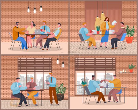 Illustration for Business meeting around table set scenes. Businesspeople talking and working together in office. Staff communicating concept. Brainstorming process, team man and woman collaboration workers - Royalty Free Image