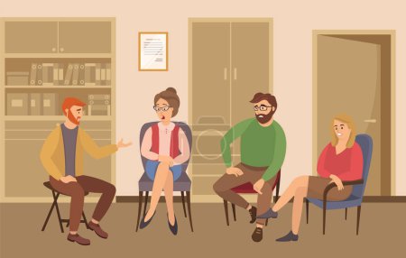 Illustration for Group of people are sitting together on chairs and talking. The psychologist is asking questions. Conversation between persons and male psychologist or psychotherapist. Family psychotherapy session - Royalty Free Image