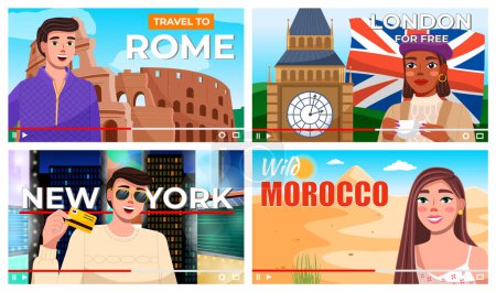 Illustration for Travel around world, video player interface, travelers talking about Rome, London, New York, wild Morocco, man with credit card, elegant lady drink tea, girl in dessert, man near coliseum, blogger - Royalty Free Image
