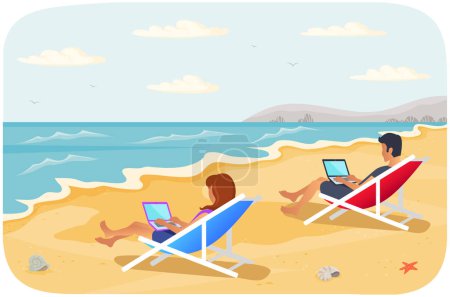 Illustration for Recreation near sea vector illustration. Busy people are sitting in sun loungers and working on laptops remotely. Characters freelancing at resort. Colleagues are working on freelance at sandy beach - Royalty Free Image