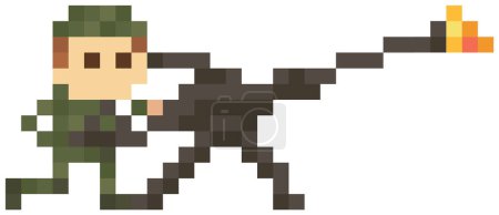 Ilustración de Soldado en uniforme militar para el diseño del juego de píxeles. El hombre armado con ametralladora se prepara para la ilustración vectorial de ataque. Soldado en ropa de camuflaje protector sostiene arma y lanza fuego - Imagen libre de derechos