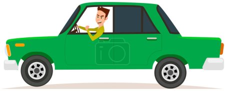 Ilustración de Joven enojado conduciendo un auto verde. Carácter masculino en transporte aislado sobre fondo blanco. El tipo está conduciendo el vehículo. Lada, sedán, coche de pasajeros con conductor gritando ilustración vector plano - Imagen libre de derechos