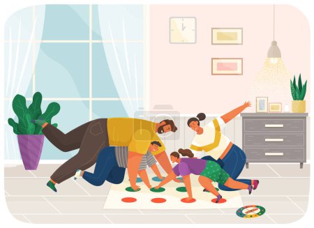 Illustration for Cheerful family plays twister in apartment. Joyful parents and children play together at home, talk and rest. Home activities and entertainment. People with game on floor spend time in room - Royalty Free Image