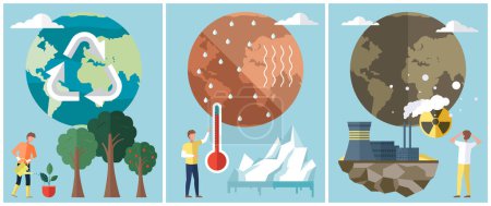 Illustration for Set of illustrations on theme of environmental care and problems with nature on planet Earth. People save world and environment. Melting glaciers, global warming and rising air and water temperatures - Royalty Free Image