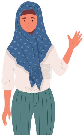 Téléchargez les illustrations : Représentant du pays arabe à hijab. Sourire musulmane montre geste de salutation. Caractéristiques culturelles des pays du monde. Femme en vêtements arabes agite sa main illustration vectorielle - en licence libre de droit