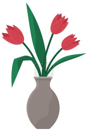Different colors tulips spring bouquet in glass vase isolated on white background. Flower container vector illustration. Cartoon decoration for interior design of room. Vase with flowers tulips