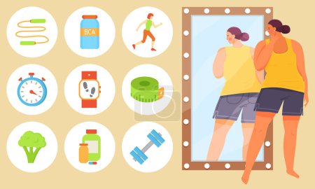 Illustration for Overweight person looking at herself in mirror. Girl looks at her reflection. Calorie counter symbols, pedometer, proper nutrition, sports equipment. Woman wants to lose weight and become slim - Royalty Free Image