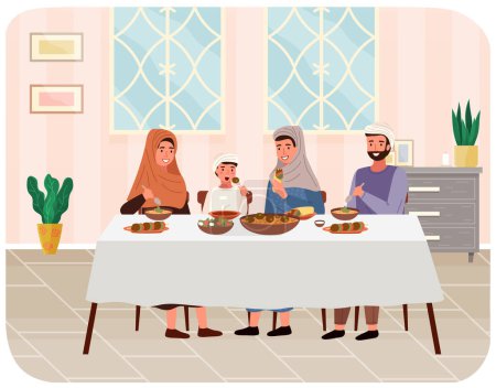 Illustration for Happy traditional Indian family in national dress at festive dinner in kitchen at home. Children and parents eating national dishes together sitting in restaurant. Smiling people at holiday meal - Royalty Free Image