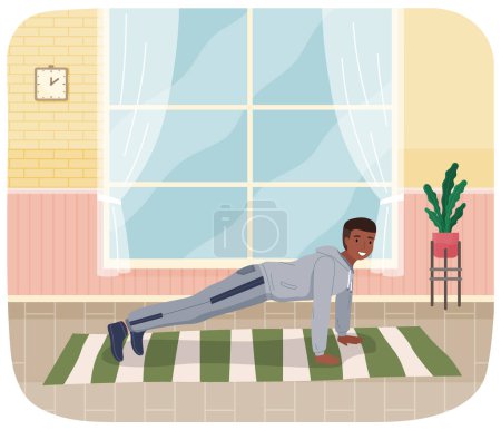 Illustration for Home exercise. Young man in sports wear doing push-ups at home, takes care of his body goes in for sports. Fitness and morning workout in cozy interior. Healthy lifestyle and wellness concept - Royalty Free Image