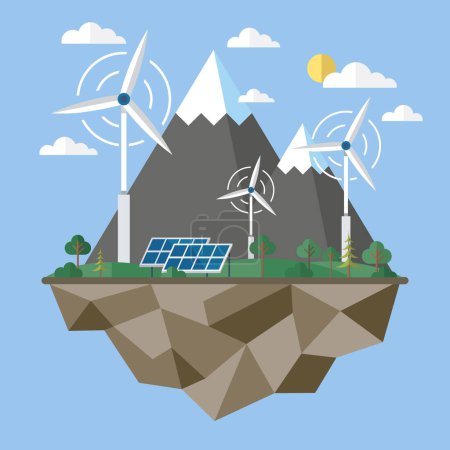 Solarzellenmodule. Solarbatterie, Solarmodul. Erneuerbare alternative Energien Konzept mit glühenden Low-Poly-Panel. Windmühle und Solarmodul. Wind- und Elektrizität. Erneuerbare alternative Energien