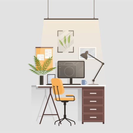 Ilustración de Workspace. Online or home job workplace. Work place room, modern interior, cabinet. Work at home. Office with computer and various decorative items books and plants. Desktop computer monitor - Imagen libre de derechos