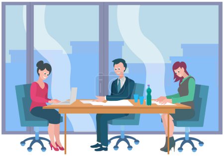 Illustration for Colleagues communicate and discuss startup during meeting in office. Businesspeople discussing business idea sitting at negotiating table together. Planning startup, concept of concluding new project - Royalty Free Image