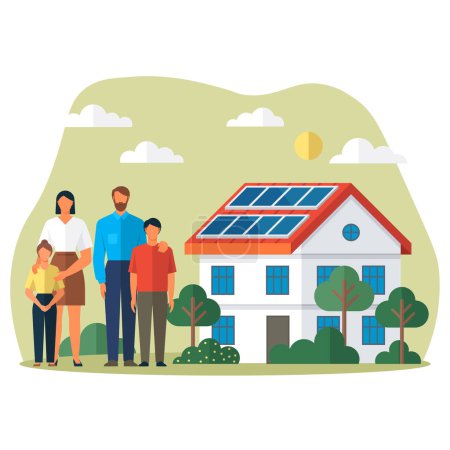 Illustration for Solar panel on home roof sun system. Green energy. Renewable energy, ecology and green electricity. Modern eco suny panel on roof renewable electricity systems. Family house green energy - Royalty Free Image