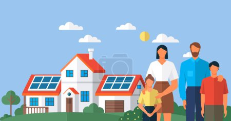 Illustration for Solar panel on home roof sun system. Renewable electric solar power plant station. Modern alternative eco green energy. Clean sustainable energy photovoltaic generation industry. Family think green - Royalty Free Image