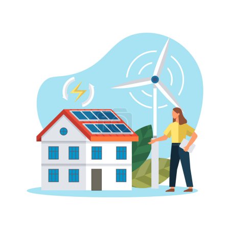 Illustration for Solar panel home roof sun system. Modern eco suny panel on roof renewable electricity systems. Windmill and solar panel. Wind turbine energy. Sell house with alternative energy. Eco home. Happy woman - Royalty Free Image