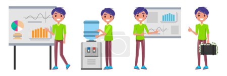 Illustration for Businessman character set. Poses and meeting, data and person. Character in casual clothes doing different activities, presents report, draws water in cooler. Office presentation and finance operation - Royalty Free Image