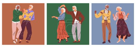 Illustration for Old couple dance. Vector illustration. Man and woman hold hands and demonstrate dance moves. Grandma and grandpa at the dance. Retired senior couple dancing together. Aged people having fun - Royalty Free Image