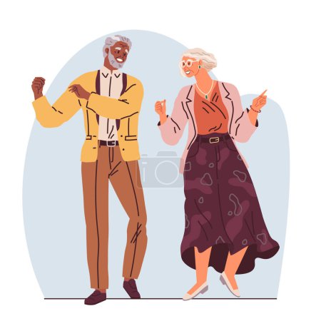 Illustration for Old couple dance. Vector illustration. Holding hands while dancing. Old characters dating, love. Active funny old couple dancing at party. Grandparents celebrating anniversary. Man and woman hold hand - Royalty Free Image