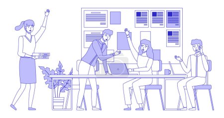 Illustration for Colleagues communicate and discuss startup during meeting in office, line art vector concept. Businesspeople discussing business idea sitting at negotiating table. Planning, concluding new project - Royalty Free Image