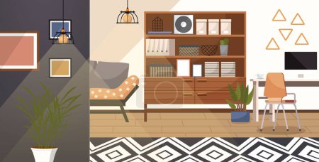 Téléchargez les illustrations : Home office. Interior vector illustration. Work from home. Room had a cozy ambiance with warm lighting and comfortable furniture Remote work offers opportunity to design personalized work environment - en licence libre de droit