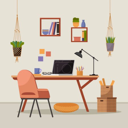 Ilustración de Home office. Interior vector illustration. Work from home. Office space reflects professionalism and dedicated work ethic Flat interior design emphasizes comfort and functionality in home office - Imagen libre de derechos