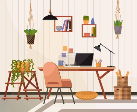 Illustration for Home office. Interior vector illustration. Work from home. Furniture in office area selected for versatility and aesthetics Interior design of flat incorporates elements of tranquility and inspiration - Royalty Free Image