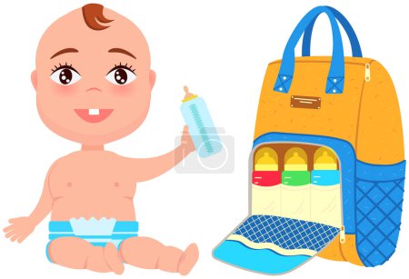 Illustration for Backpack with baby bottles for walk vector illustration. Baby with bottle in hand sitting near colored backpack for feeding kid during walk. Formulas for feeding in containers with pacifiers - Royalty Free Image