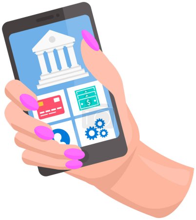 Illustration for Business application for online payment on phone screen. Program for online banking and operations with money. Smartphone with app for contactless transactions and transfer of funds in woman hand - Royalty Free Image