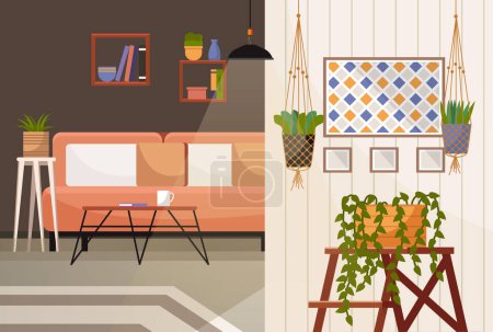 Illustration for Home office. Interior vector illustration. Work from home. Interior designer incorporated natural elements into rooms design Workspace individual work style Furniture in office area for durability and - Royalty Free Image