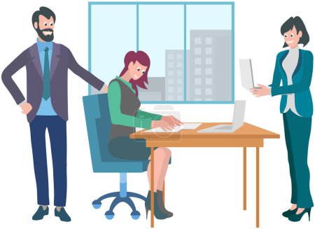 Illustration for Office workers. Vector illustration. Teamwork cultivates supportive and collaborative work environment In team meeting, goals and targets are discussed and aligned Office workers utilize technology - Royalty Free Image