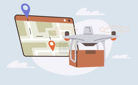 Illustration for Delivery service with copter, shipping parcel package. Transportation of goods using flying copter. Future technologies online delivery of boxes. Helicopter, quadcopter with box smart urban logistics - Royalty Free Image