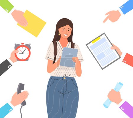 Illustration for Work circle and working young woman poster. Hands with documents clock and phone, dealing with taks. Multitasking, overload at work, brainstorming concept. Lady surrounded by hands with business items - Royalty Free Image