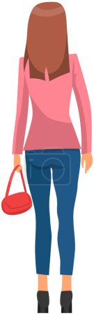 Illustration for Backview of woman holding small bag. Stylish girl in elegant jeans and blouse standing with handbag. Female character in fashionable apparel. Lady in heels and casual clothing with her back to viewer - Royalty Free Image