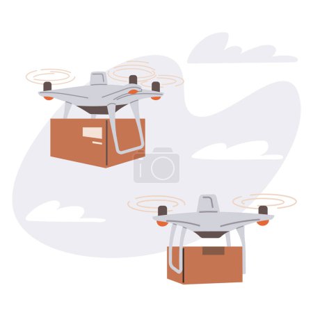 Illustration for Delivery service with copter, shipping parcel package. Transportation of goods using flying copter. Future technologies of online delivery of boxes. Helicopter, quadcopter for smart urban logistics - Royalty Free Image