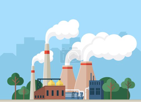 Illustration for Contamination of air with smoke by factory, plants and industries. Pipes making smog, environmental pollution and harm for nature. Atmosphere gas emissions, chemical substances, damage to environment - Royalty Free Image