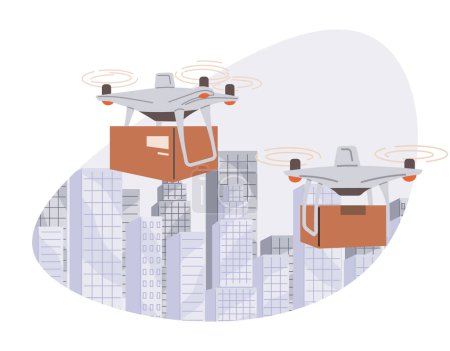 Illustration for Delivery service with copter, shipping parcel package. Transportation of goods using flying copter. Future technologies online delivery of boxes. Helicopter, quadcopter with box smart urban logistics - Royalty Free Image