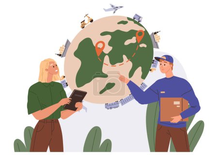 Illustration for International logistic. Global delivery export. Vector. Worldwide shipping products is more efficient with automated international logistics Cargo delivery tracking is modern feature global logistic - Royalty Free Image