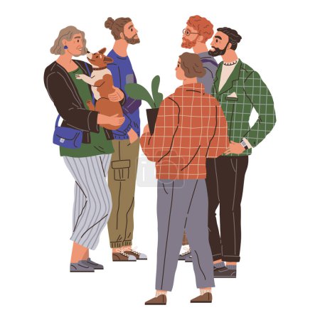 Illustration for Waiting line, people queuing. Vector illustration. A group people waiting for new product launch camped overnight The queue men and women at polling station was inspiring SWaiting made conversation - Royalty Free Image
